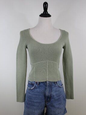 Abercrombie & Fitch Ribbed Crop Sweater Sage Green Long Sleeve Scoop Neck XS